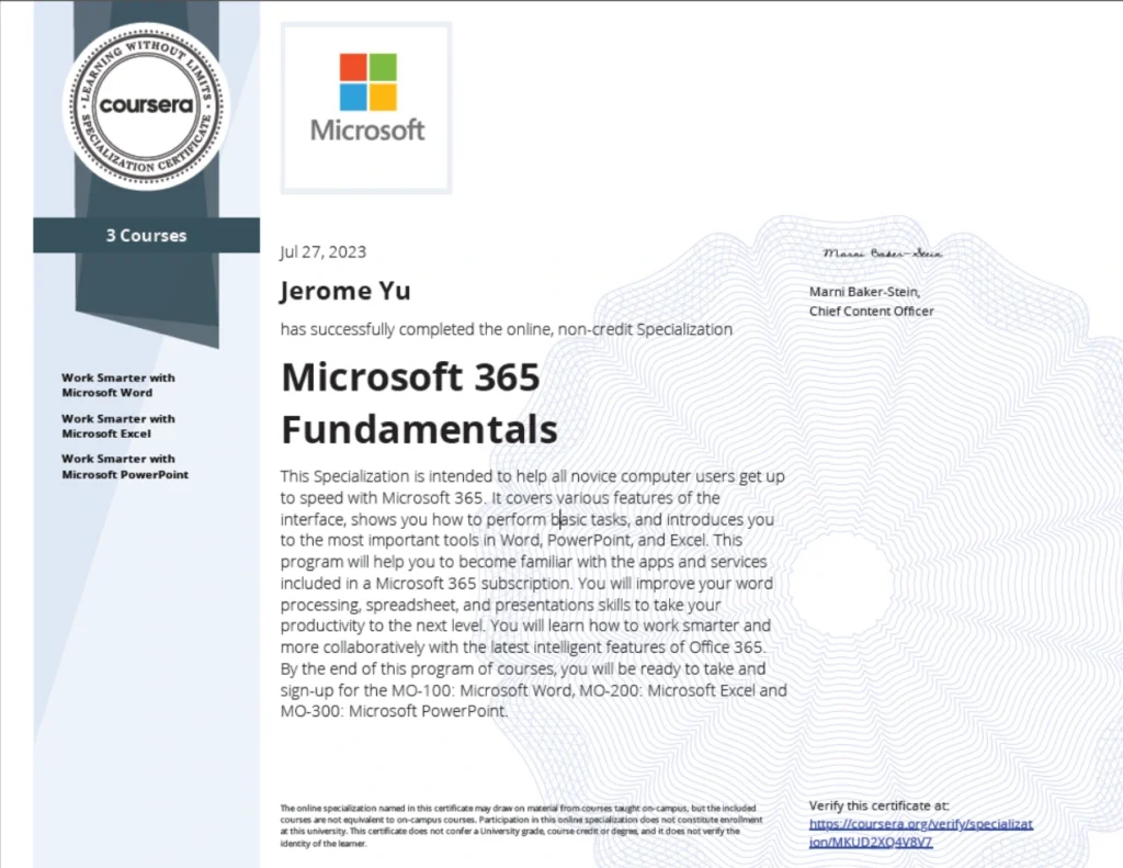 Jerome Yu - Microsoft 365 Fundamental